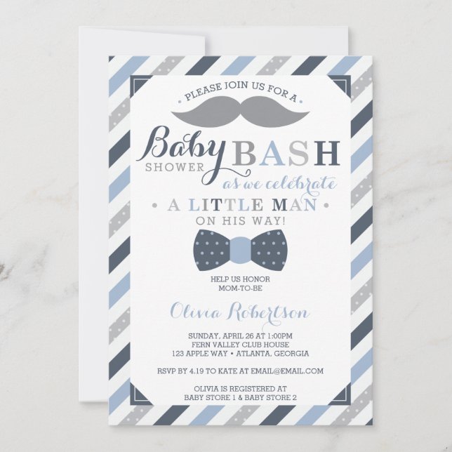 Invitación de Baby Shower de Little Man, azul, gri (Anverso)