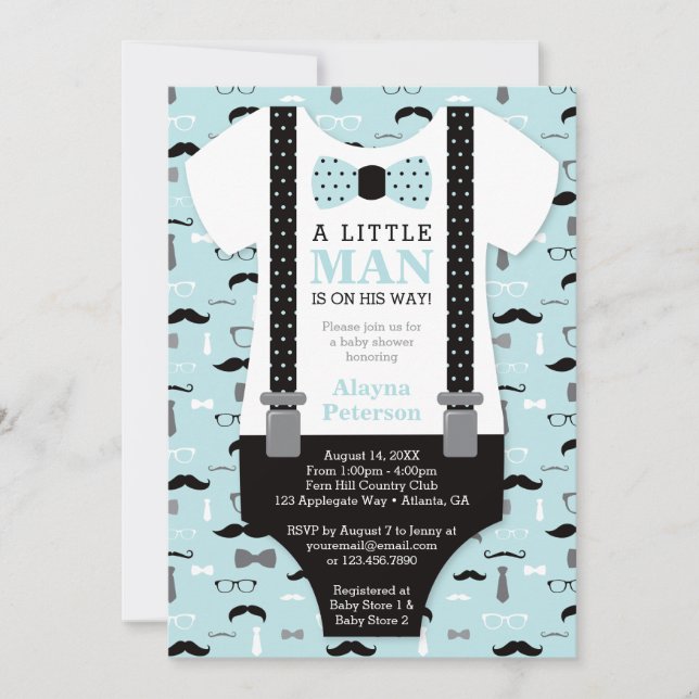 Invitación de Baby Shower de Little Man, azul, neg (Anverso)