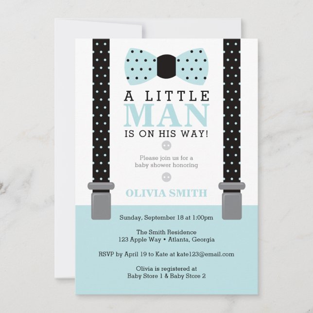 Invitación de Baby Shower de Little Man, azul, neg (Anverso)