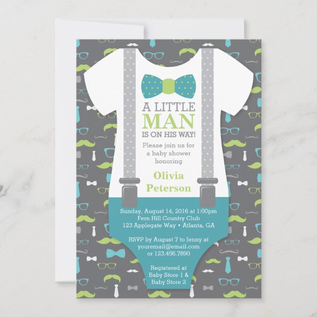 Invitación de Baby Shower de Little Man, Verde azu (Anverso)