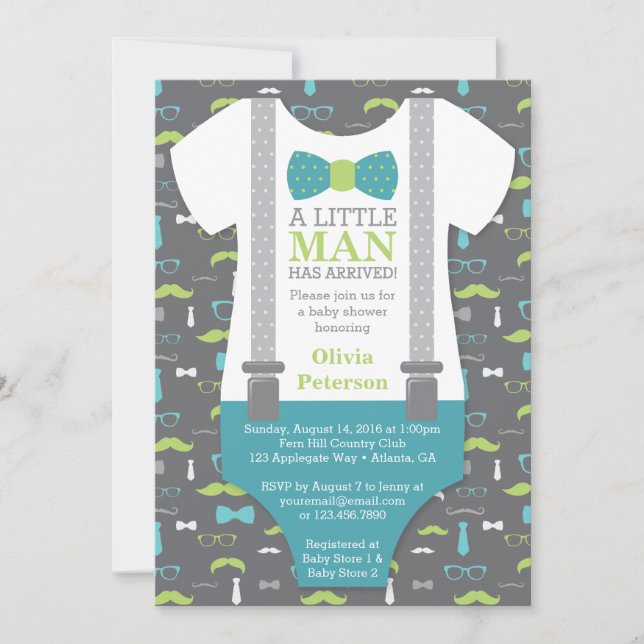 Invitación de Baby Shower de Little Man, Verde azu (Anverso)
