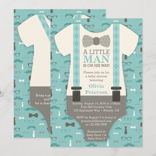 Invitación de Baby Shower de Little Man, Verde azu (Anverso / Reverso)