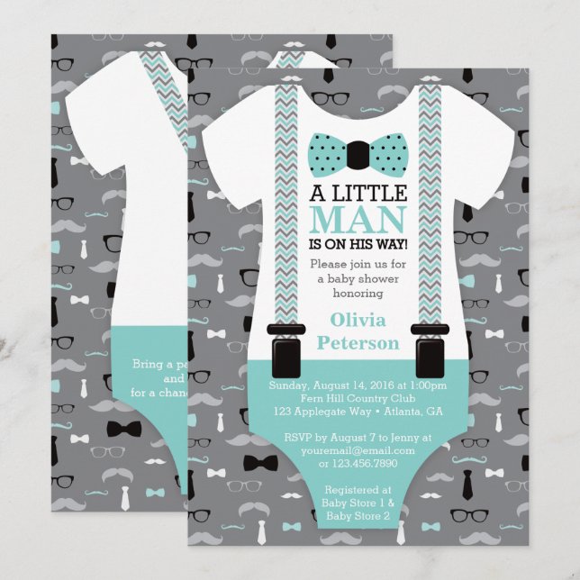 Invitación de Baby Shower de Little Man, Verde azu (Anverso / Reverso)