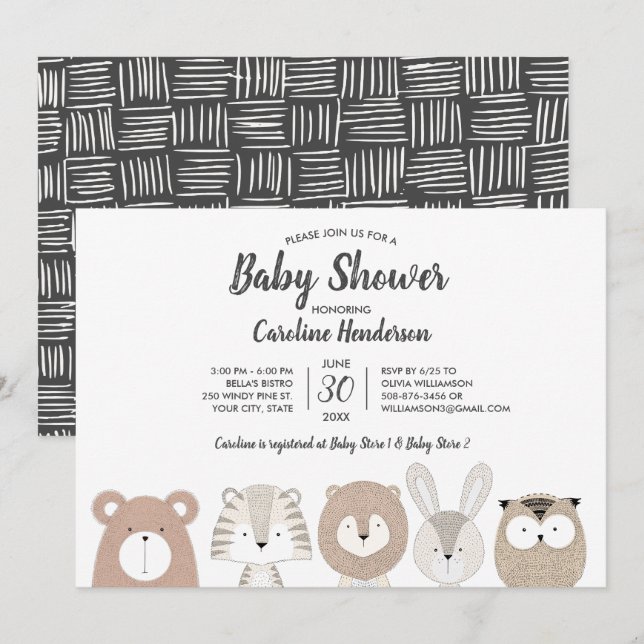 Invitación de Baby Shower de los animales del (Anverso / Reverso)