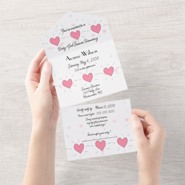 Invitación de Baby Shower de los corazones rosados (desgarro)