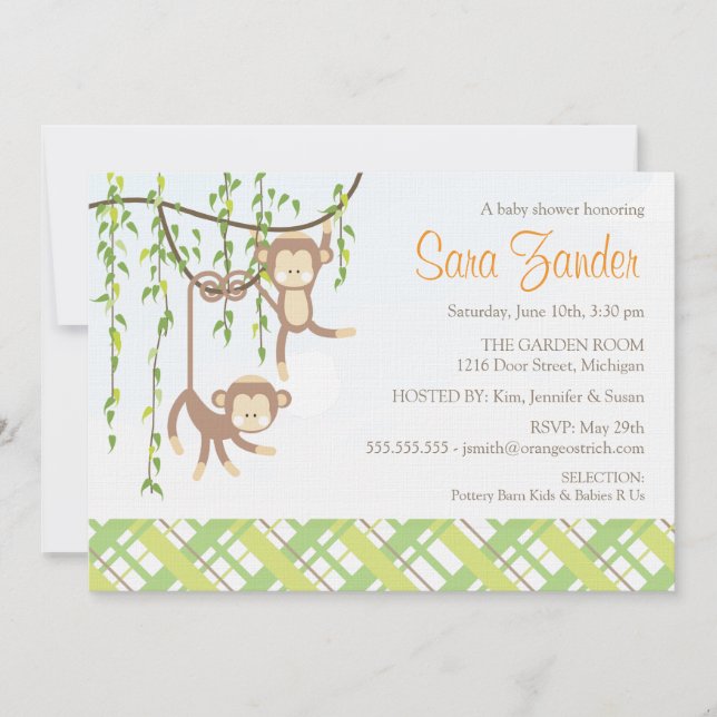 Invitación de Baby Shower de los gemelos - monos (Anverso)