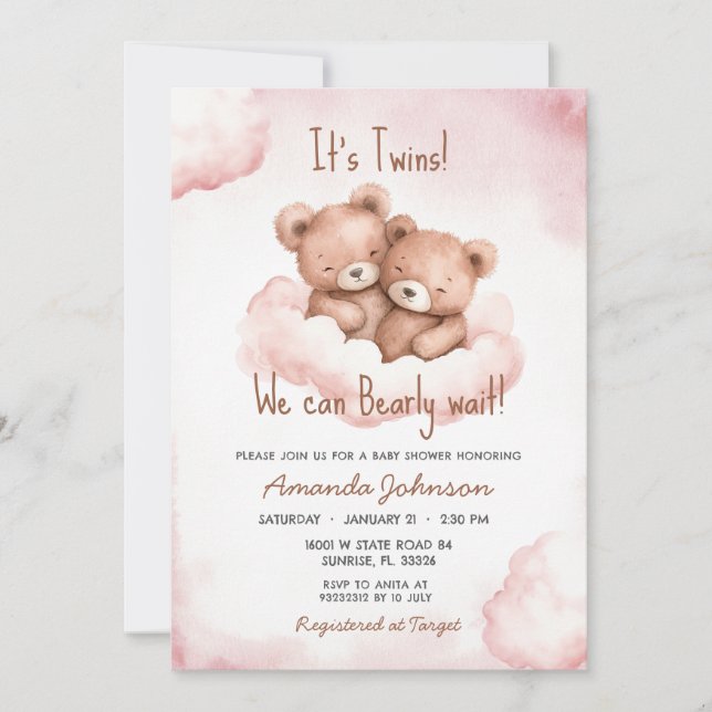 Invitación de Baby Shower de los gemelos osos de o (Anverso)