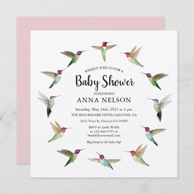 Invitación de Baby Shower de los Hummingbirds de A (Anverso / Reverso)