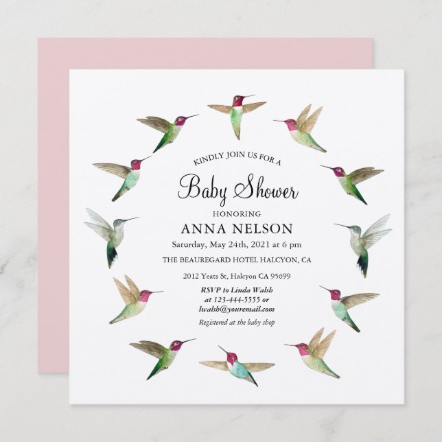 Invitación de Baby Shower de los Hummingbirds de A (Anverso / Reverso)