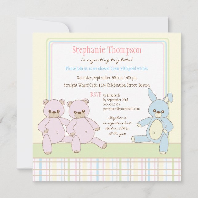 Invitación de Baby Shower de los tríos del peluche (Anverso)