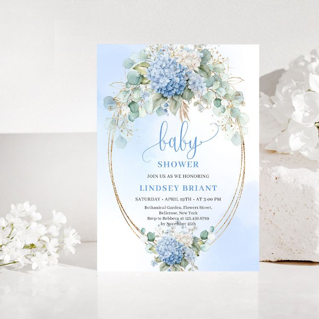 Invitación de Baby Shower de Lujo Bohemio con Hort (Luxury Bohemian Blue Hydrangea Baby Shower Invitation)