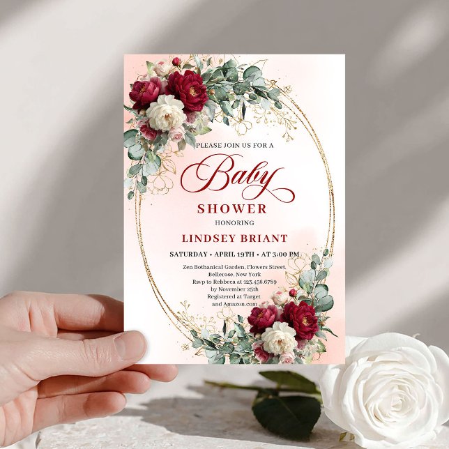 Invitación de Baby Shower de Lujo Boho Floral Gran (Luxe Boho Maroon Floral Gold Baby Shower Invitation)