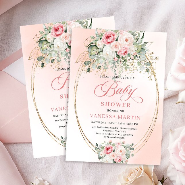 Invitación de baby shower de lujo con flores rosad (Luxury Blush Floral Gold Baby Shower Invitation)