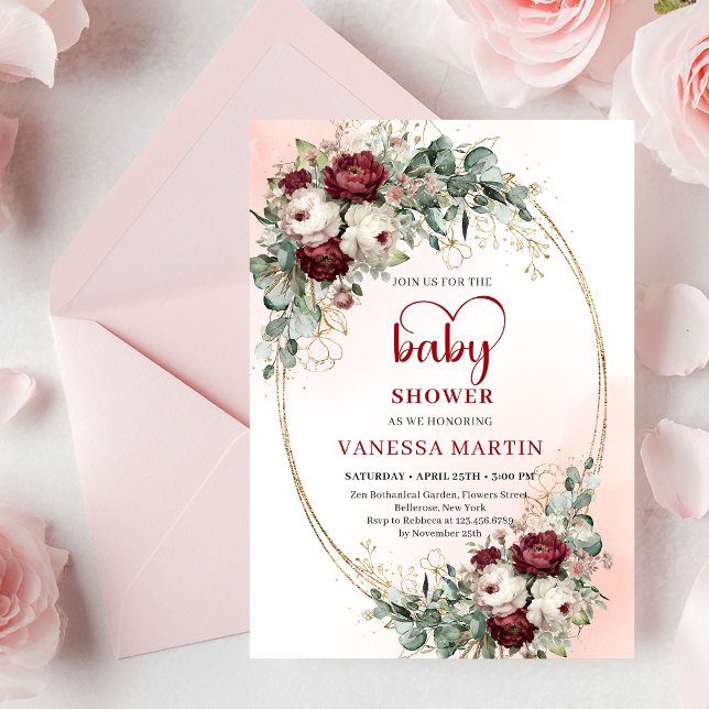 Invitación de baby shower de lujo rojo profundo y  (Luxe Deep Red and Gold Baby Shower Invitation)