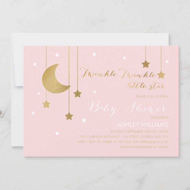Invitación de Baby Shower de Luna Rosa y Estrellas (Anverso)
