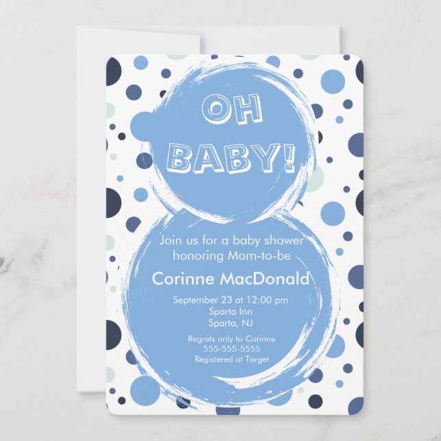 Invitación de Baby Shower de lunares azules (Anverso)
