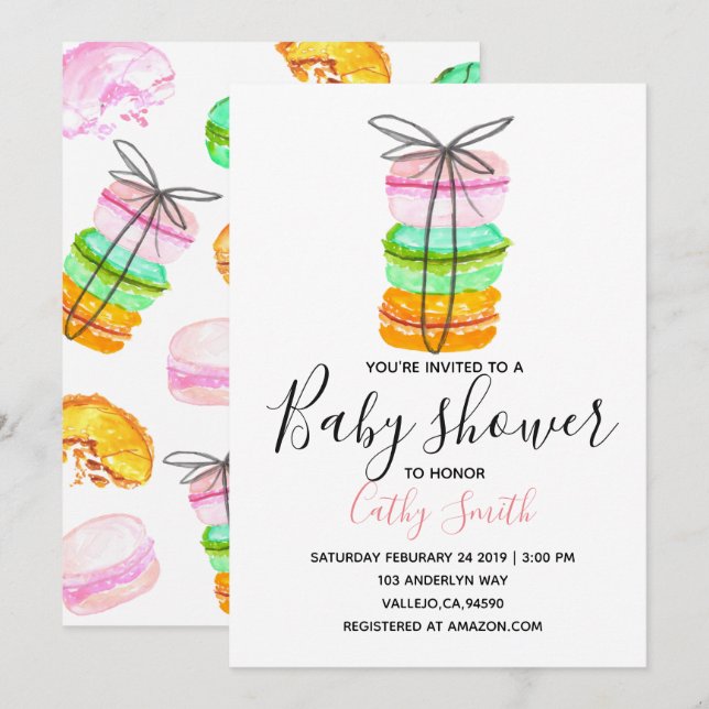 Invitación de baby shower de macarons franceses li (Anverso / Reverso)