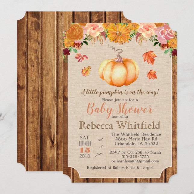 Invitación de Baby Shower de Madera con Hojas Rúst (Anverso / Reverso)