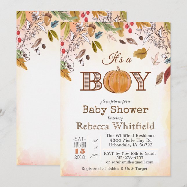 Invitación de Baby Shower de Madera con Hojas Rúst (Anverso / Reverso)