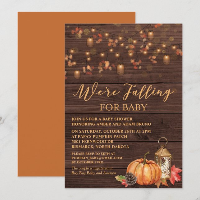 Invitación de Baby Shower de Madera con Hojas Rúst (Anverso / Reverso)