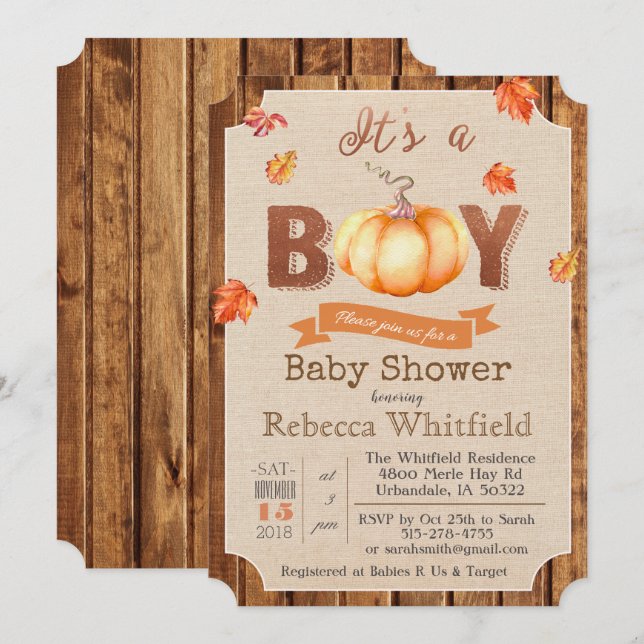 Invitación de Baby Shower de Madera con Hojas Rúst (Anverso / Reverso)