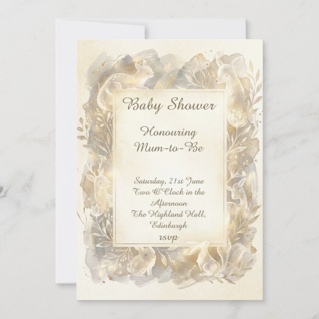 Invitación de baby shower de madera dorada neutral (Anverso)
