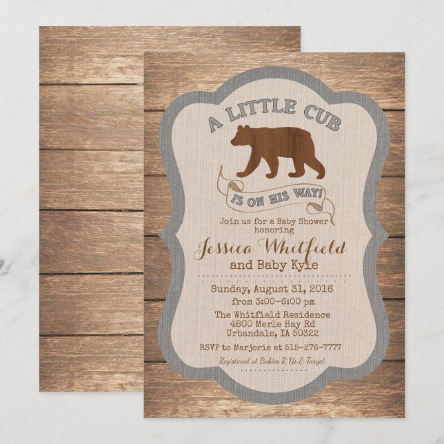 Invitación de Baby Shower de Madera Rústica con Os (Anverso / Reverso)