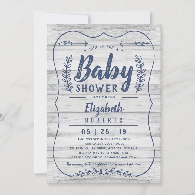 Invitación de Baby Shower de madera rústica, gris (Anverso)