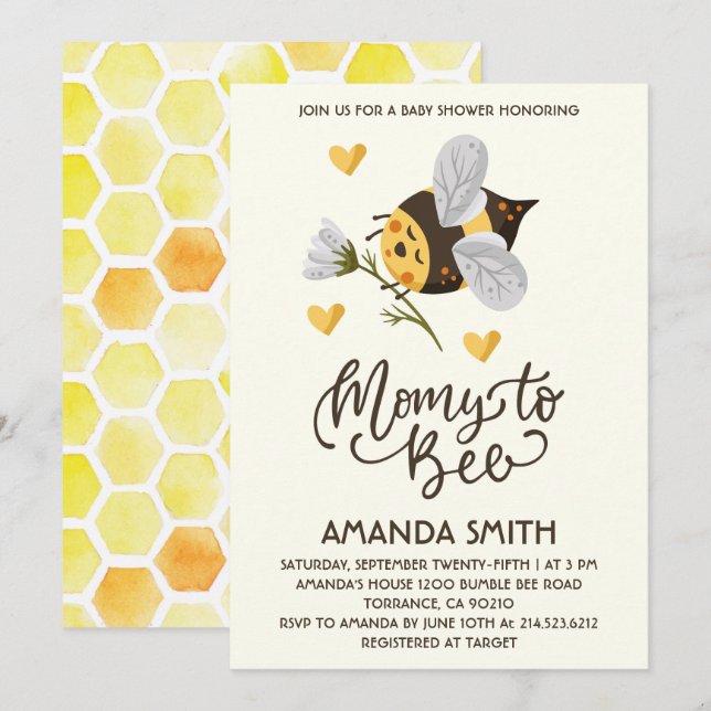 Invitación de Baby Shower de Mamá Rústica a Abeja (Anverso / Reverso)