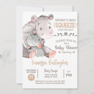 Invitación de baby shower de mamá y bebé hipopótam