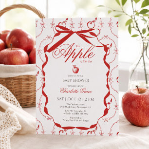 invitación de baby shower de manzana con cinta roj