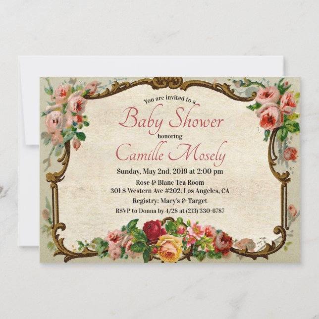 Invitación de Baby Shower de marco floral victoria (Anverso)