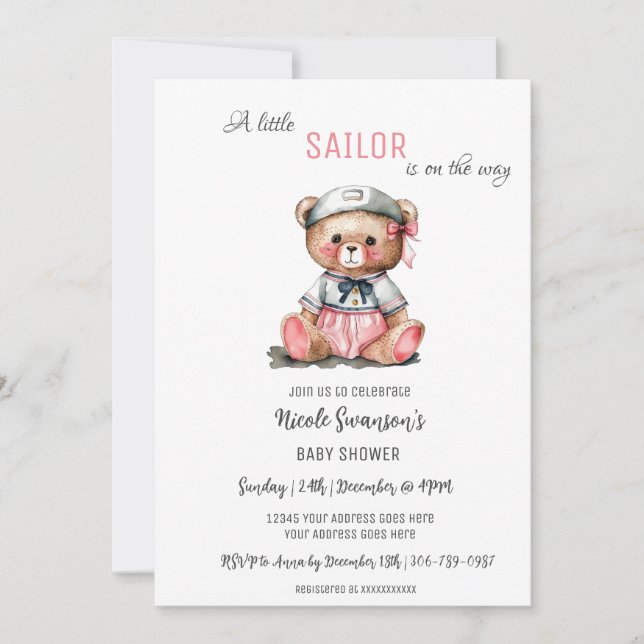 Invitación de Baby Shower de marinero rosado Nauti (Anverso)