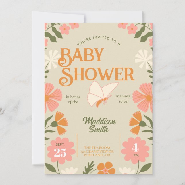 Invitación de Baby Shower de Mariposa Floral (Anverso)