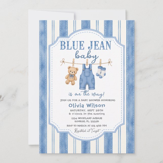 Invitación de baby shower de mezclilla azul (Anverso)