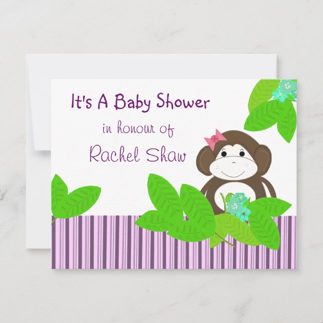 Invitación de baby shower de mono con rayas púrpur (Anverso)