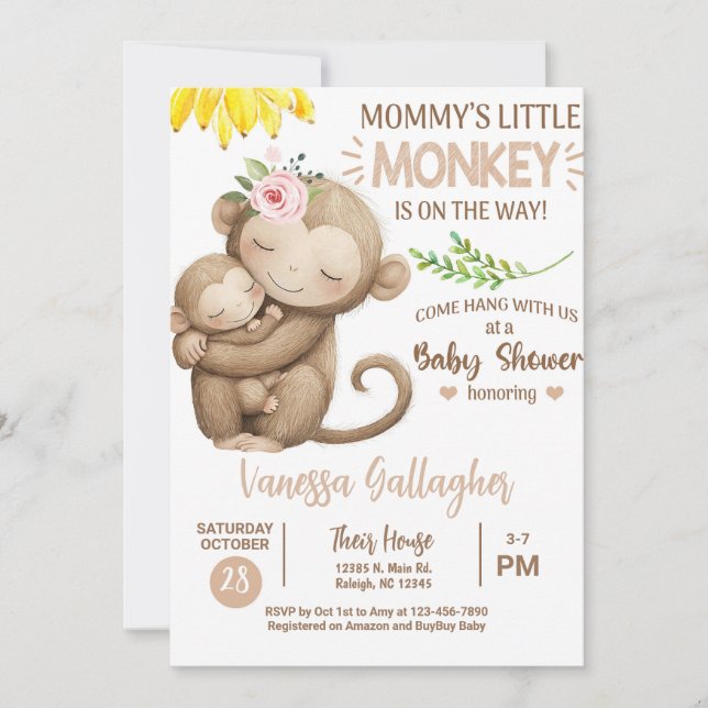 Invitación de baby shower de mono mamá y bebé. (Anverso)