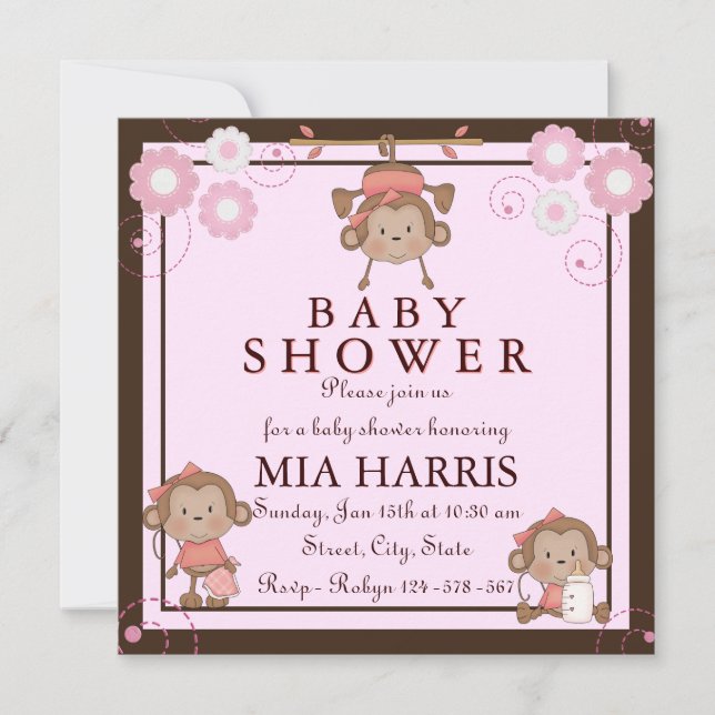Invitación de Baby Shower de Mono Rosa (Anverso)