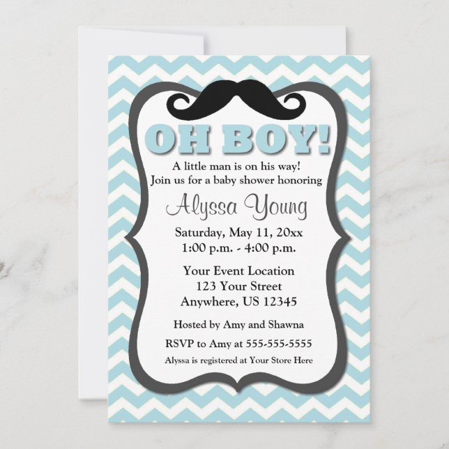 Invitación de Baby Shower de Mustache Blue Chevron (Anverso)