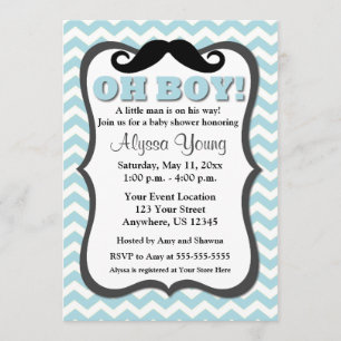 Invitación de Baby Shower de Mustache Blue Chevron