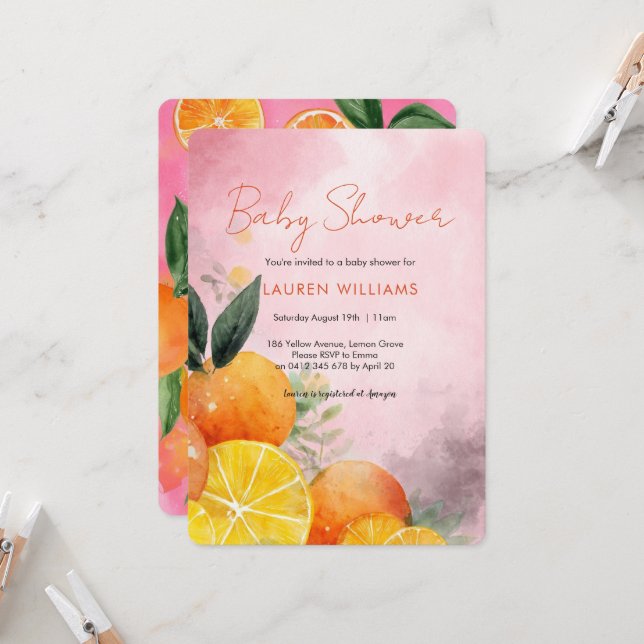 invitación de baby shower de naranjas de verano (Anverso/Reverso In Situ)