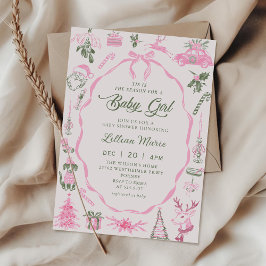 Invitación de baby shower de Navidad rosa coquette