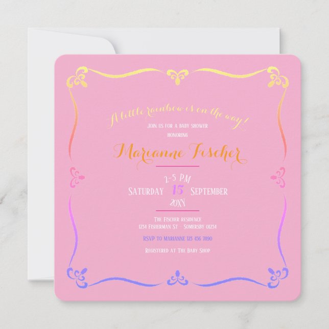 Invitación de Baby Shower de niña Arcoíris Retro (Anverso)