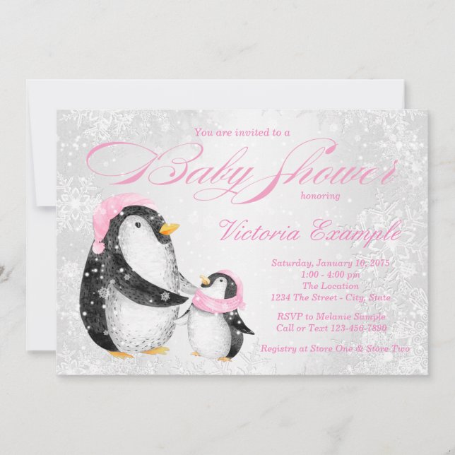 Invitación de Baby Shower de Niña Bebé Pingüino de (Anverso)