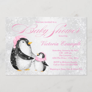 Invitación de Baby Shower de Niña Bebé Pingüino de
