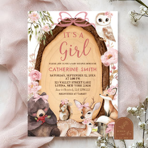 Invitación de Baby Shower de niña bosque rosa anim