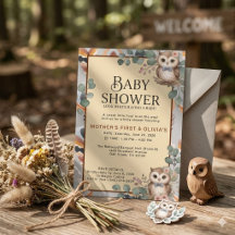 Invitación de baby shower de niña búho boho