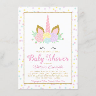 Invitación de Baby Shower de Niña Cara de Unicorni