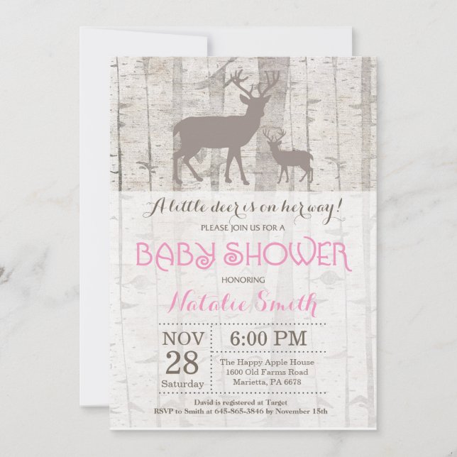 Invitación de Baby Shower de Niña Ciervo Rústico B (Anverso)