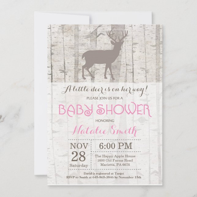Invitación de Baby Shower de Niña Ciervo Rústico B (Anverso)